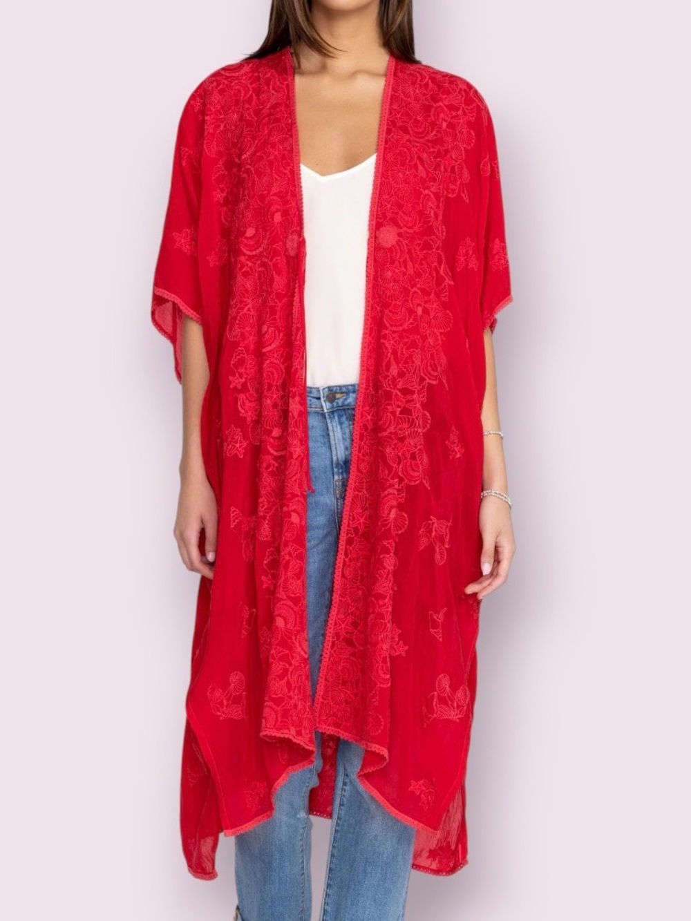 Johnny Was Sea Georgia Kimono Seashell Embroidered Raspberry Red Oversized O/S